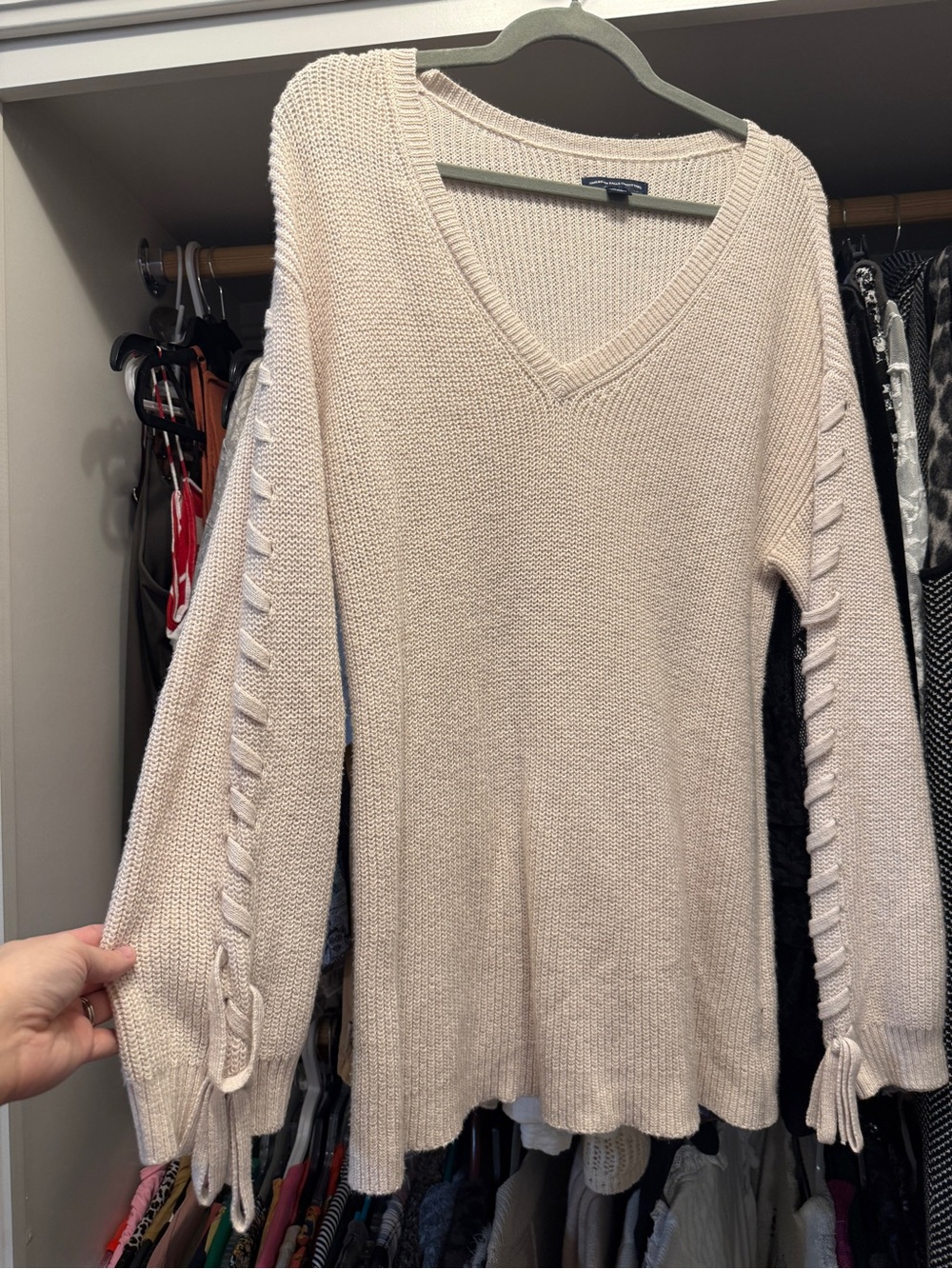 American Eagle Outfitters Cream V-Neck Sweater with Braided Sleeve Ties
